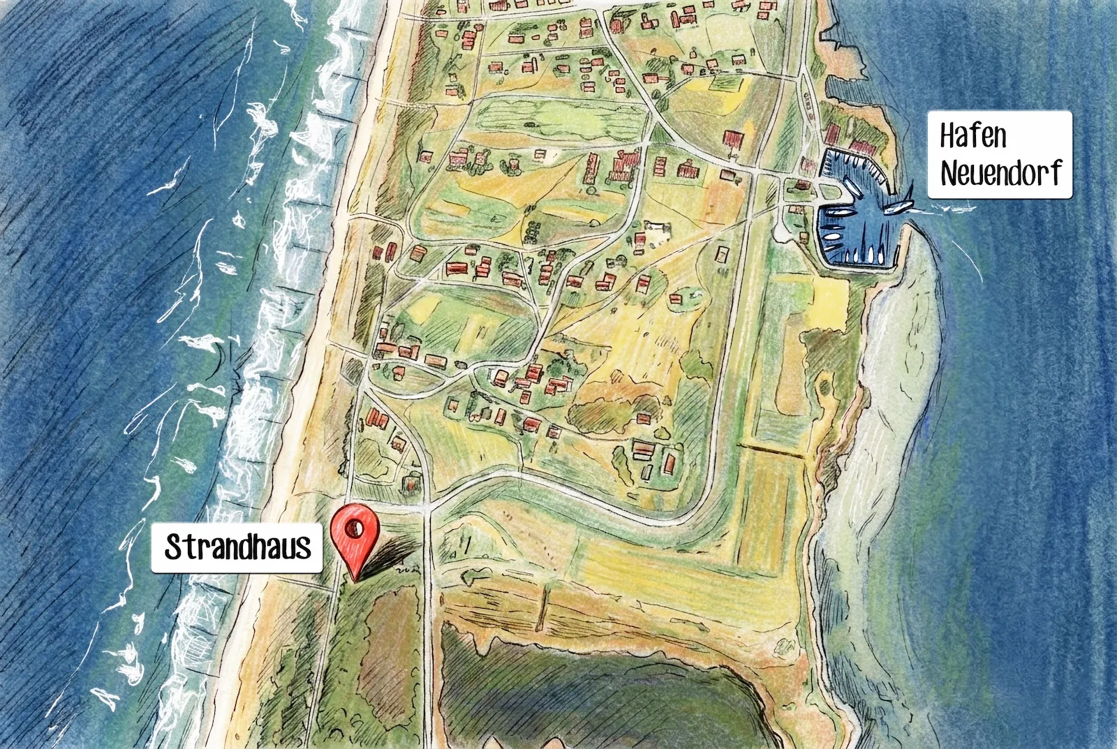 Lage des Strandhauses in Neuendorf, Hiddensee